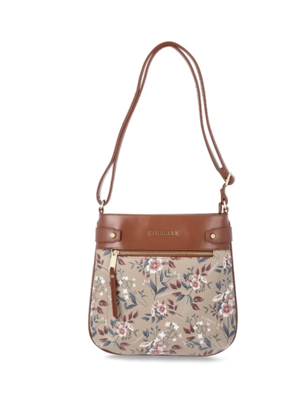 Fiorelli Lila Floral Canvas Crossbody with Brown Trim and Adjustable Strap